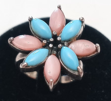 Anello vintage argento 925 fiore gemme opale rosa turchese pietre preziose 15