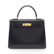 Borsa a tracolla HERMES Kelly 28 a mano con scatola pelle di vitello nera usata donna GHW
