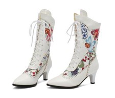 Stivaletti donna a punta ricami floreali scarpe stringate tacco a spillo_ 