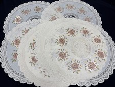 Vinyl Tray Covers Round Doilies Set of 12 Placemats Wedding Floral Beige - 40 cm