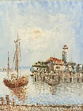 QUADRO OLIO PORTO PAESAGGIO FIRMATO DIPINTO IMPRESSIONISTA NAVIGAZIONE