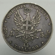 1891-1896 COLONIA ERITREA UMBERTO I TALLERO da 5 LIRE 1896 RARO PERIZIATO BB