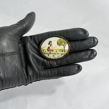 Vintage Handpainted Brooch, Porcelain Miniature Painting Girl in Countryside