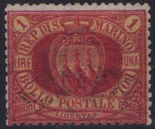 SAN MARINO 1892-94 STEMMA 1 LIRA CARMINIO N.20 US. 2 CERT. BOLAFFI DIENA