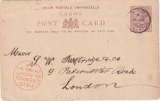 1889 LAGOS W.AFRICA PS CARD 1 1/2d Victoria legato LAGOS W.AFRICA a GB. Messaggio lungo