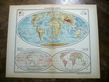 antica mappa PLANISFERO FISICO EUROPA AFRICA ASIA AMERICA -1950.
