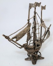 Statuina barca a vela nave alta caravella filigrana argento sterling, alta 3 1/4", 25 g