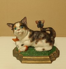 ??? FERMA PORTA IN GHISA DIPINTA - GATTO CON FARFALLA ?