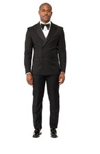 Pantalone uomo slim fit doppiopetto nero smoking punta risvolto piatto davanti AZARMAN