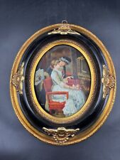 Quadro ovale vintage olio sul gesso bombato ritratto donne cornice d'orato