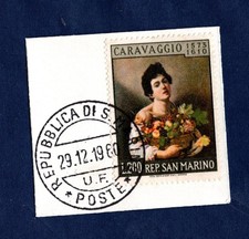 SAN MARINO 1960 CARAVAGGIO  FRANCOBOLLO OBLITERATO SU FRAMMENTO