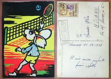 CARTOLINA IN RILIEVO CON MATERIALE STOFFA TOPO CHE GIOCA A TENNIS 1962
