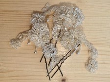 Capelli Sposa, 3 Preziosi Fermagli, Pizzo, Perline, Fatto a mano, Bianco, Fiori