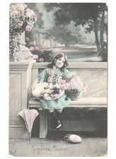 antica foto cartolina pasquale bambina venditrice uova decorate fiori