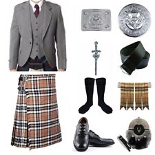 Men's Grey Argyle Kilt Jacket Outfit Scottish Traditional Wedding 11Pcs Kilt Set