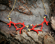 Collana Corto Arte Nuovo Smalto Ramo Da Corallo Rosso Vintage Stile QD16