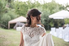 Vestito da Sposa A-line in Raso con Coprispalle Damascato in Pizzo