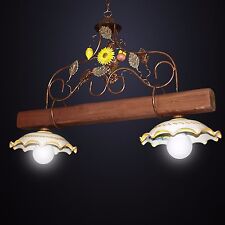 BILANCIERE lampadario RUSTICO ferro battuto CERAMICA LEGNO MOD. GIRASOLE 2 luci