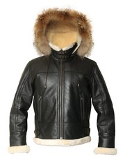 Bomber nero B3 giacca aviatore vera pelle shearling pelliccia di procione cap...