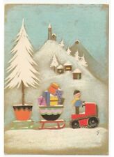 cartolina vintage paesaggio di montagna moto slitta pacchi regali natalizi