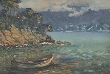 Scuola Italiana (XX), Castello - Barca ormeggiata, olio/tavola