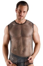 Smanicato Rete e Strass Maglia uomo Sexy Abbigliamento Fetish Trasparente Nero