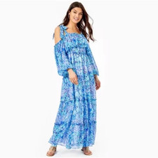 Maxi abito Lilly Pulitzer M a strati resort blu costiero floreale manica a sbuffo volant