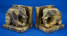 Arte orientale Coppia elefanti reggilibri pietra saponaria XX 1900 scolpiti mano