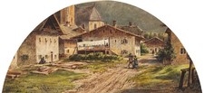 L. KERGEL (1814-1874), Tiroler Dorfstraße,  1870, Aq. Romantik Stadtbilder