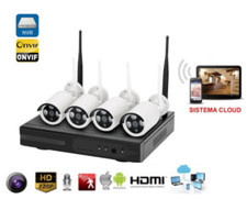 KIT  4 CANALI HD VIDEOSORVEGLIANZA IP WIFI CON SISTEMA CLOUD 4 TELECAMERE+DVR