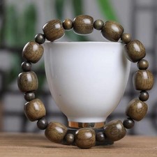 Bracciale 12mm Seta Dorata Nan Legno Legno Scuro Vecchio Stile Botte Perline Vintage