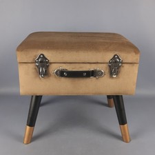 Pouf Baule Contenitore Vintage Velluto Marrone Legno Stile Valigia Modernariato