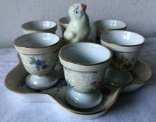 Antico set di 6 portauova - portasale e piattino in ceramica - decoro floreale