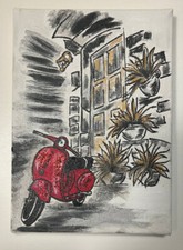 Quadro dipinto a mano su tela 18x13cm soggetto Vespa Retrò