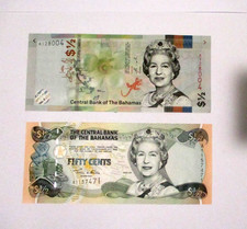  2 due  Banconote 1/2  DOLLARO, BAHAMAS,  FDS.   Tgs ,francobolli,ELISABETTA II,