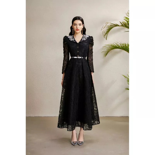 Abito lungo nero pizzo - abito,