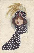 Illustratori G. Nanni serie n.285-1 donna sciarpa stelline ciuffo spighe grano