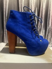 Stivaletti Jeffrey Campbell taglia 5 blu scamosciati "Lita" plateau con tacco in legno