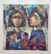 Quadro Dipinto Figure Donne Tavola Oloi/Acrilico Cm60x60