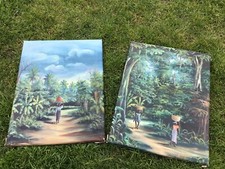 Coppia Scene Nigeriane Vintage Dipinti Olio Paesaggio Quadro Su Tela Oshikoya