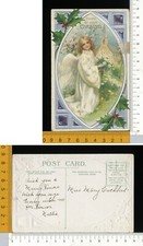 V2205] BUON NATALE ANGELO VESTITO BIANCO CON FIORI E PAESAGGIO - RILIEVO