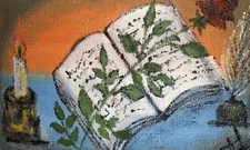 QUADRO OLIO VINTAGE NATURA MORTA CON ROSA, LIBRO, CANDELA E CALAMAIO FIRMATO