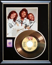 BEE GEES STAYIN' ALIVE 45 RPM GOLD RECORD W-PRINTED SIGNED AUTOGRAPHS RARE