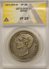 1875-DEM Spagna .900 Argento 5 Pesetas 25 grammi ANACS VF 25 Re Alfonso XII
