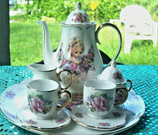 Vtg  Larger Mini Cherub Floral Porcelain Tea Set 10-Piece Service 6 " Gold Trim