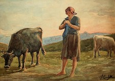 ANTICO QUADRO ACQUERELLO Giovanni Guarlotti PASCOLO TRAMONTO MUCCHE CONTADINA