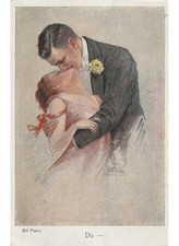 1918 antica cartolina Bill Fisher coppia innamorati bacio appassionato