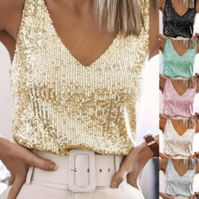 NUOVE canottiere donna glitter paillettes scollo a V camicette estive magliette canotta