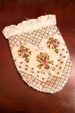 Vintage Antico Borsetta Sacchetto Perle Ricamo Vittoriana