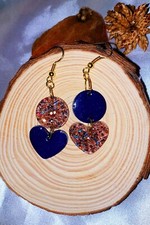 Orecchini CUORI BLU E GLITTER pendenti artigianali in resina